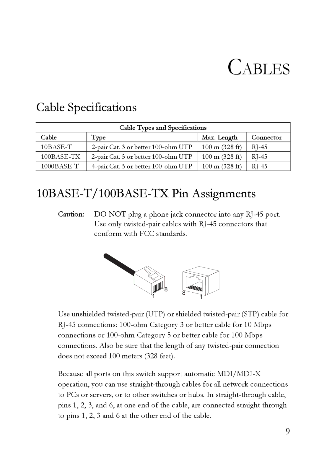 SMC Networks SMC8516T manual Cables, Cable Specifications, 10BASE-T/100BASE-TX Pin Assignments 