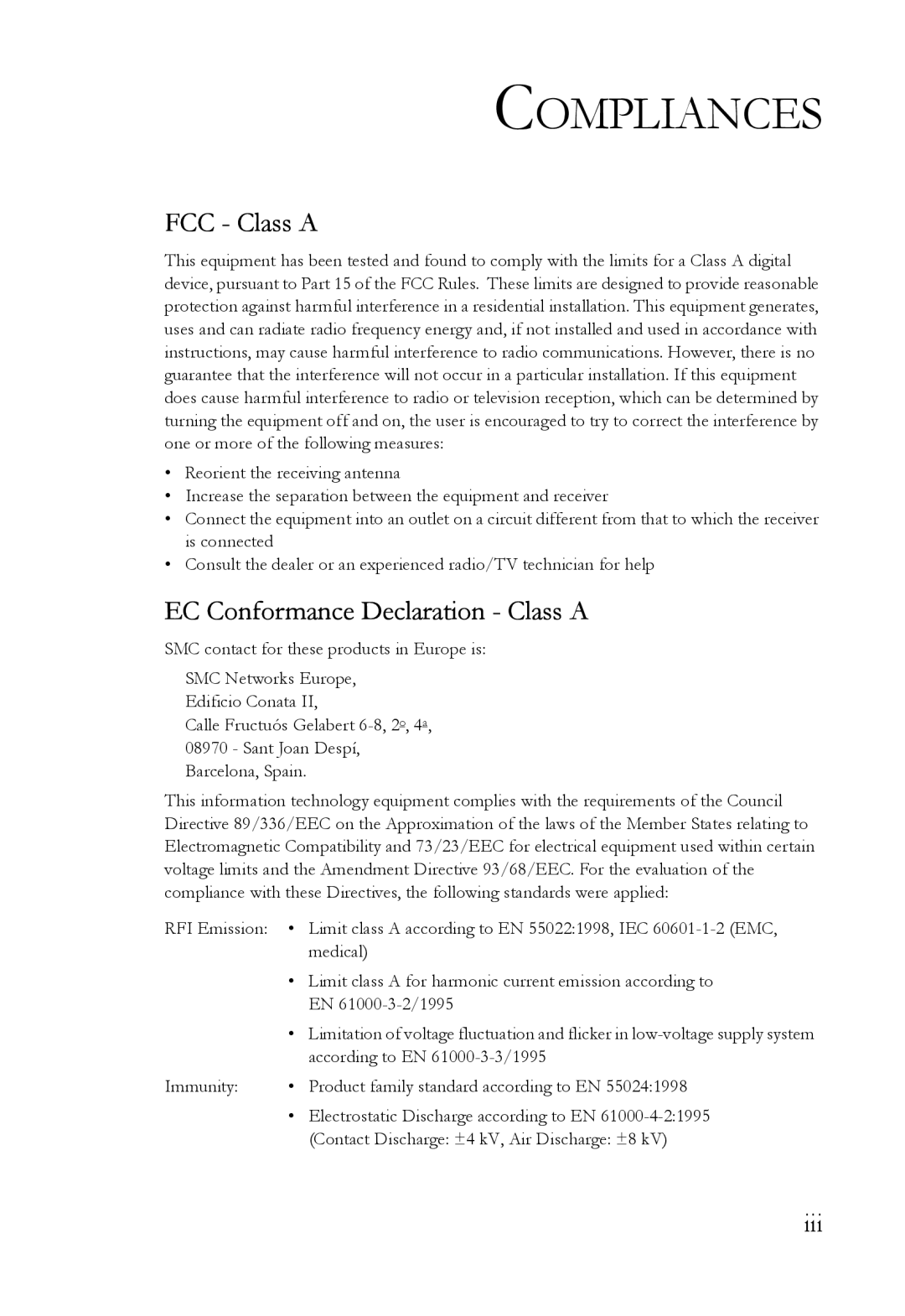 SMC Networks SMC8516T manual Compliances, FCC Class a, EC Conformance Declaration Class a 