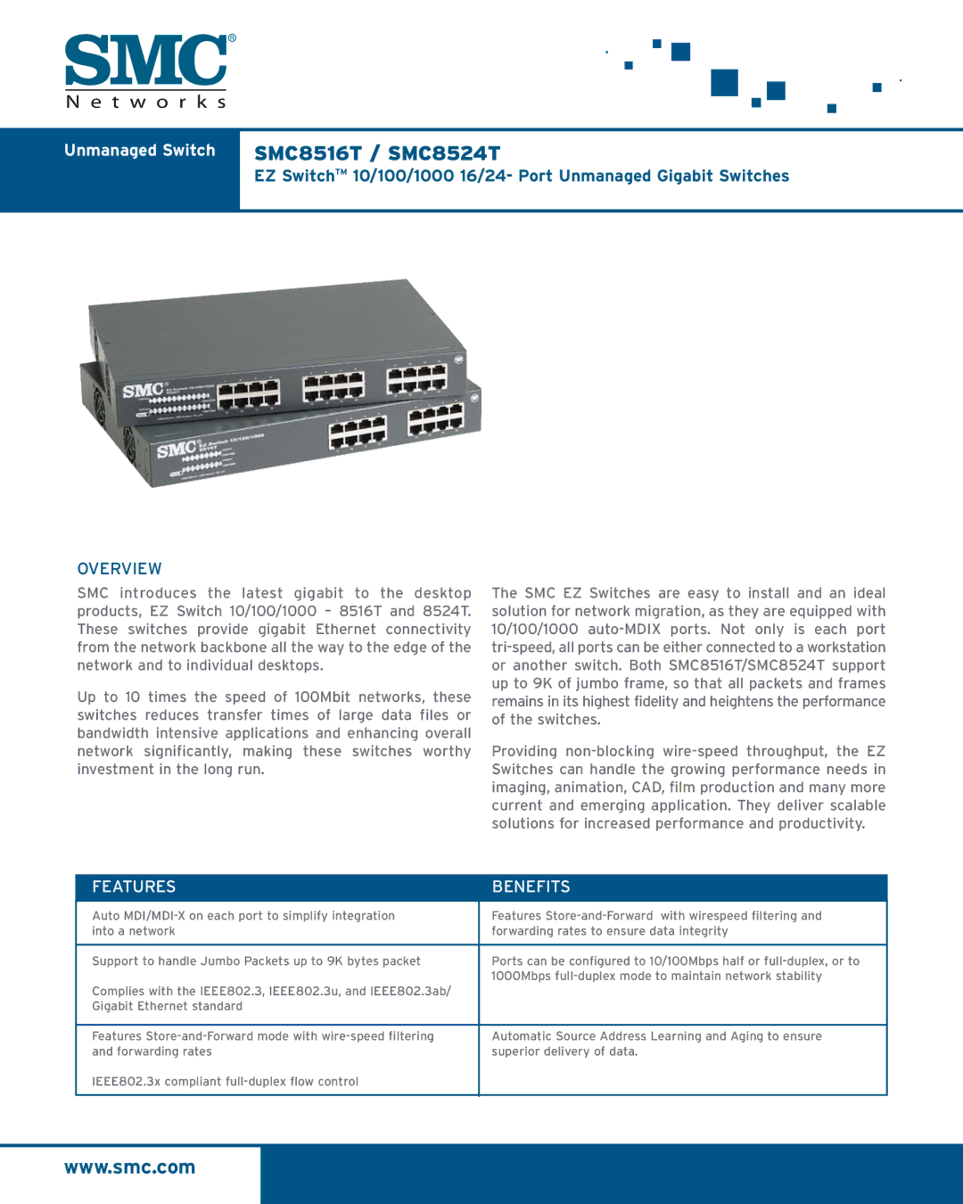 SMC Networks manual Unmanaged Switch SMC8516T / SMC8524T, Overview, Features Benefits 