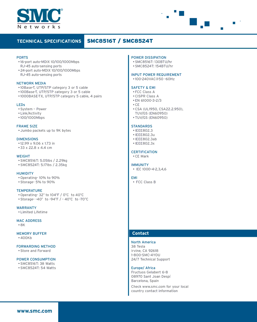 SMC Networks manual Technical Specifications SMC8516T / SMC8524T, Contact 