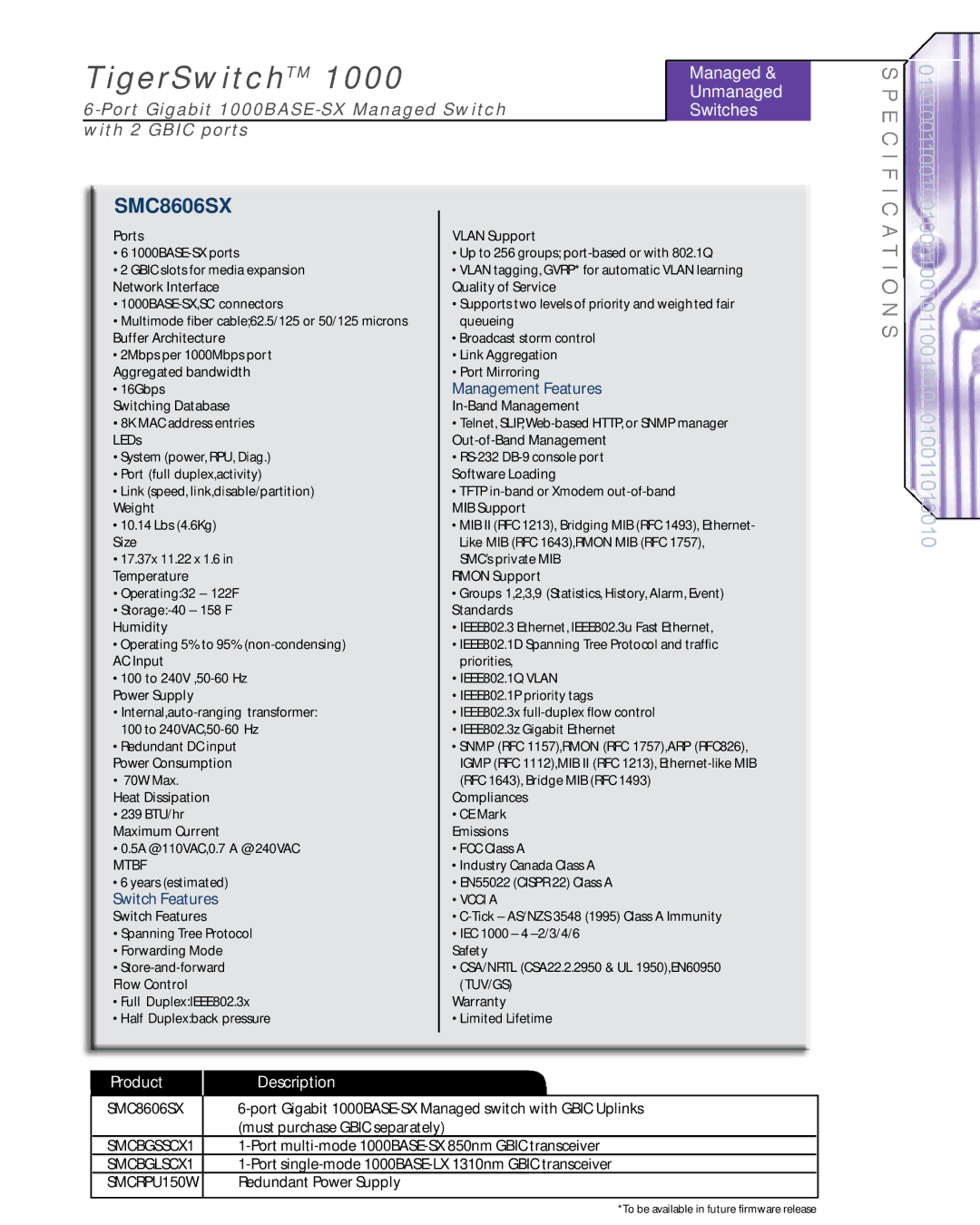 SMC Networks SMC8606SX warranty TigerSwitch 1000, Management Features, Switch Features 