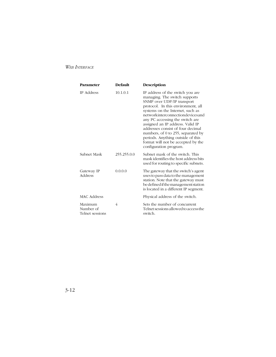 SMC Networks SMC8606T manual Parameter Default Description 