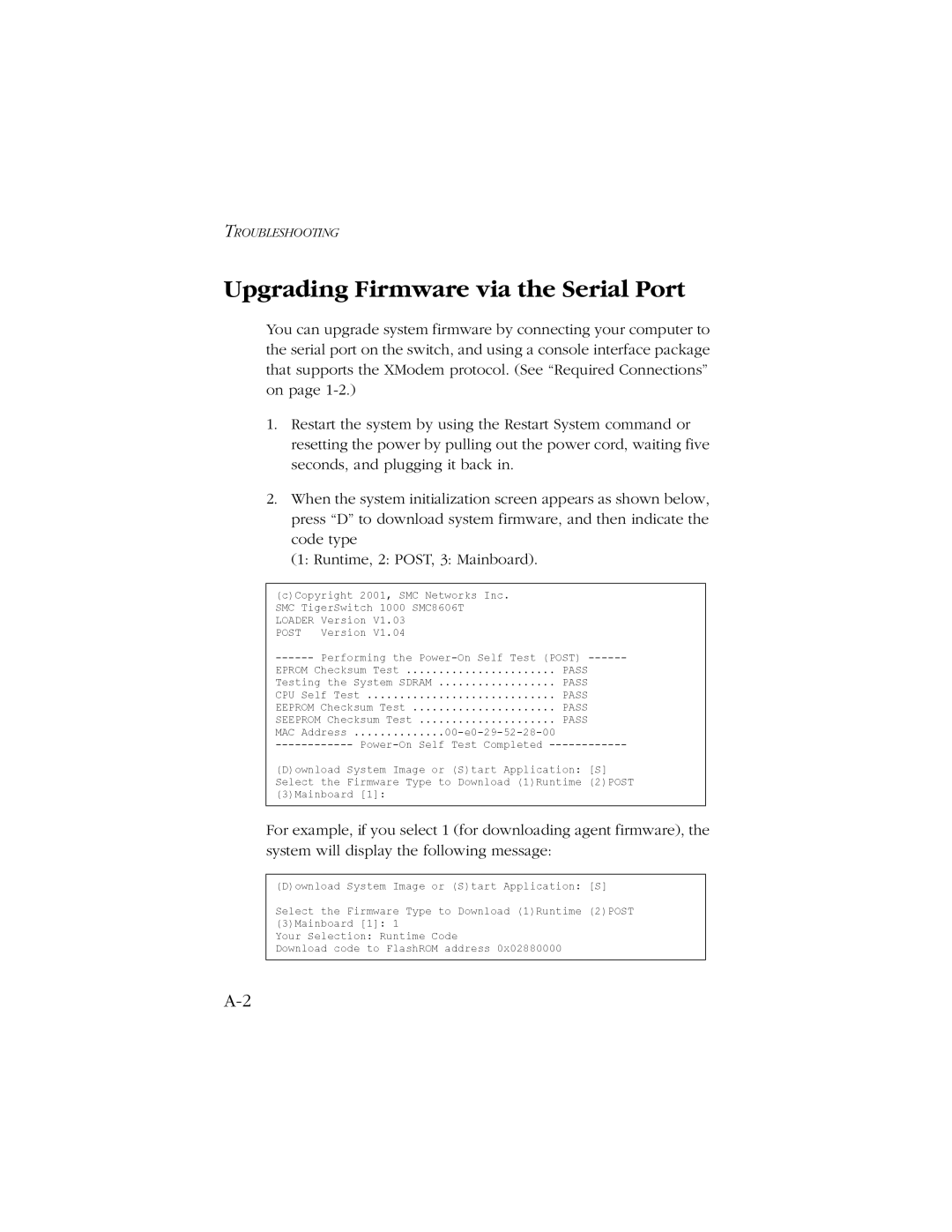 SMC Networks SMC8606T manual Upgrading Firmware via the Serial Port 