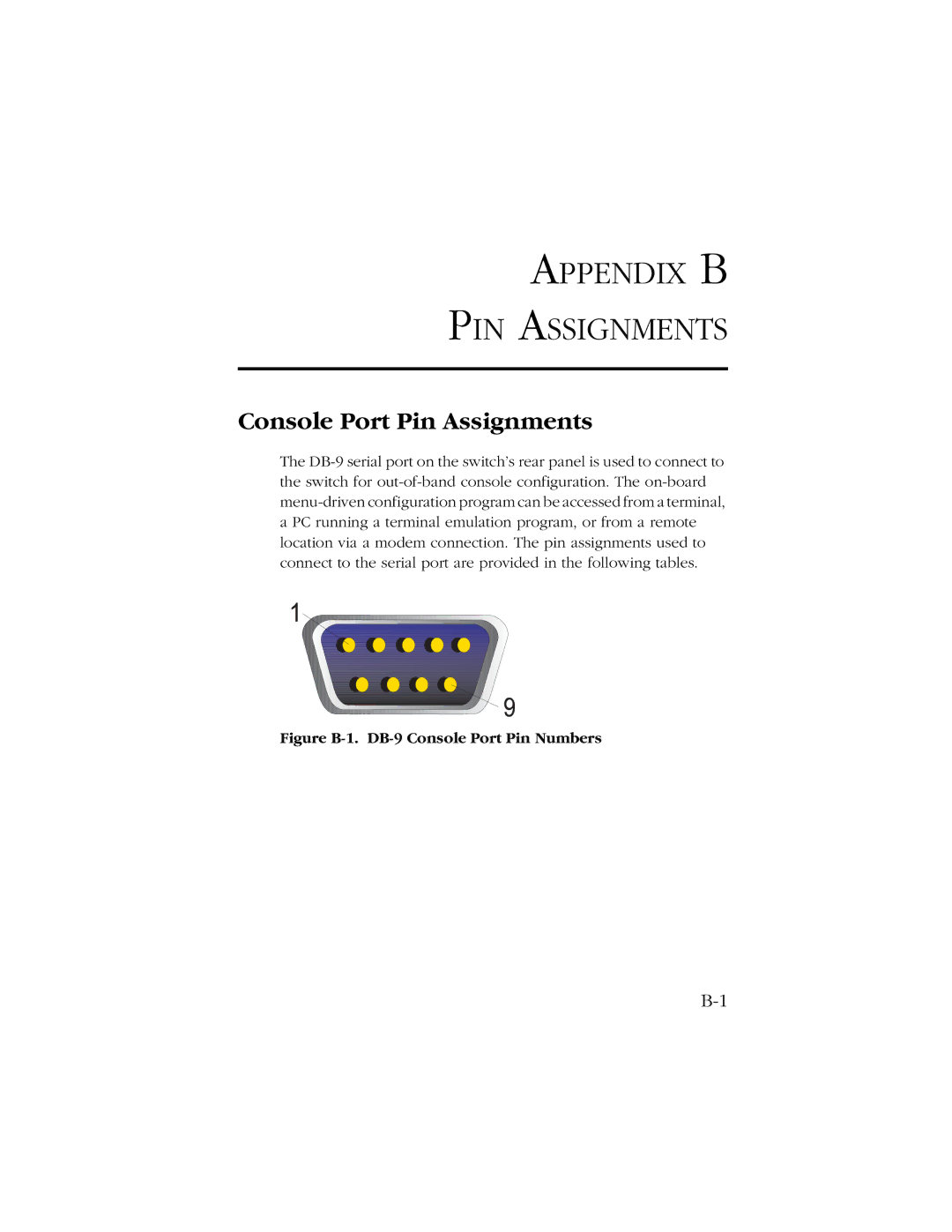 SMC Networks SMC8606T manual Console Port Pin Assignments, Figure B-1. DB-9 Console Port Pin Numbers 