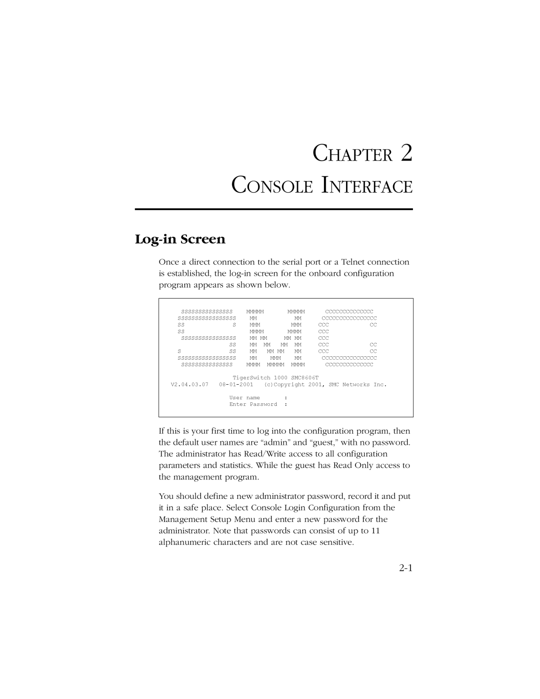 SMC Networks SMC8606T manual Chapter Console Interface, Log-in Screen 