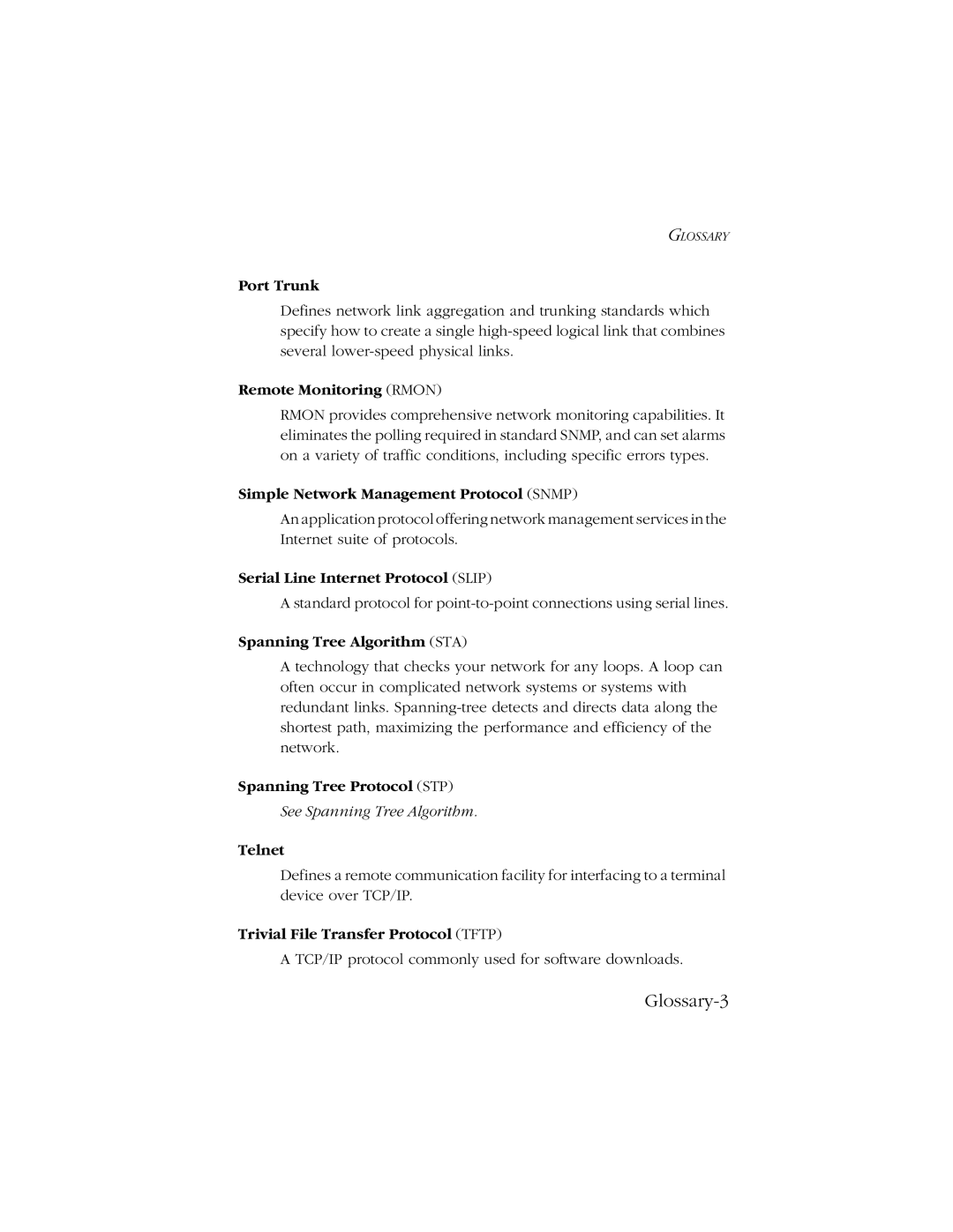 SMC Networks SMC8606T manual Port Trunk, Remote Monitoring Rmon, Simple Network Management Protocol Snmp, Telnet 