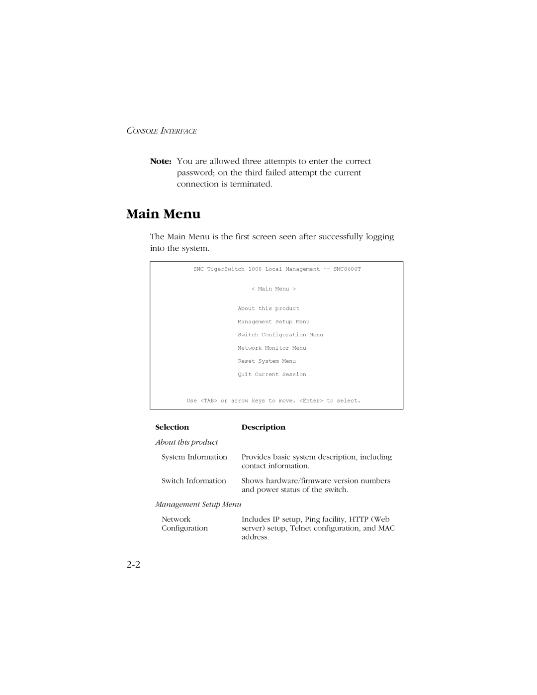 SMC Networks SMC8606T manual Main Menu, Selection Description 