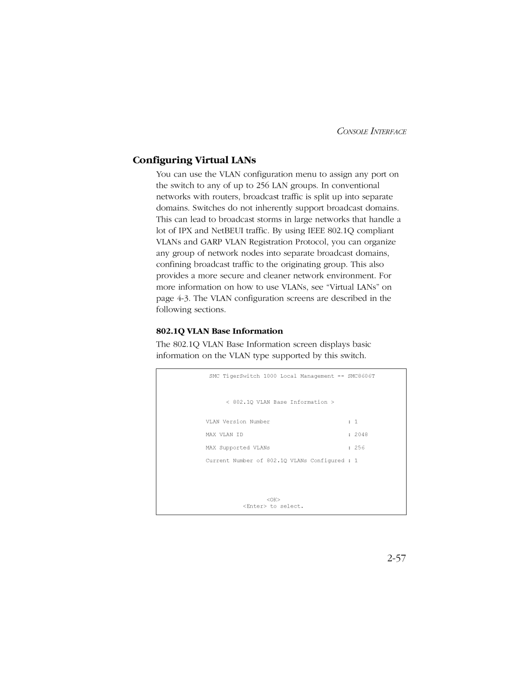 SMC Networks SMC8606T manual Configuring Virtual LANs, 802.1Q Vlan Base Information 