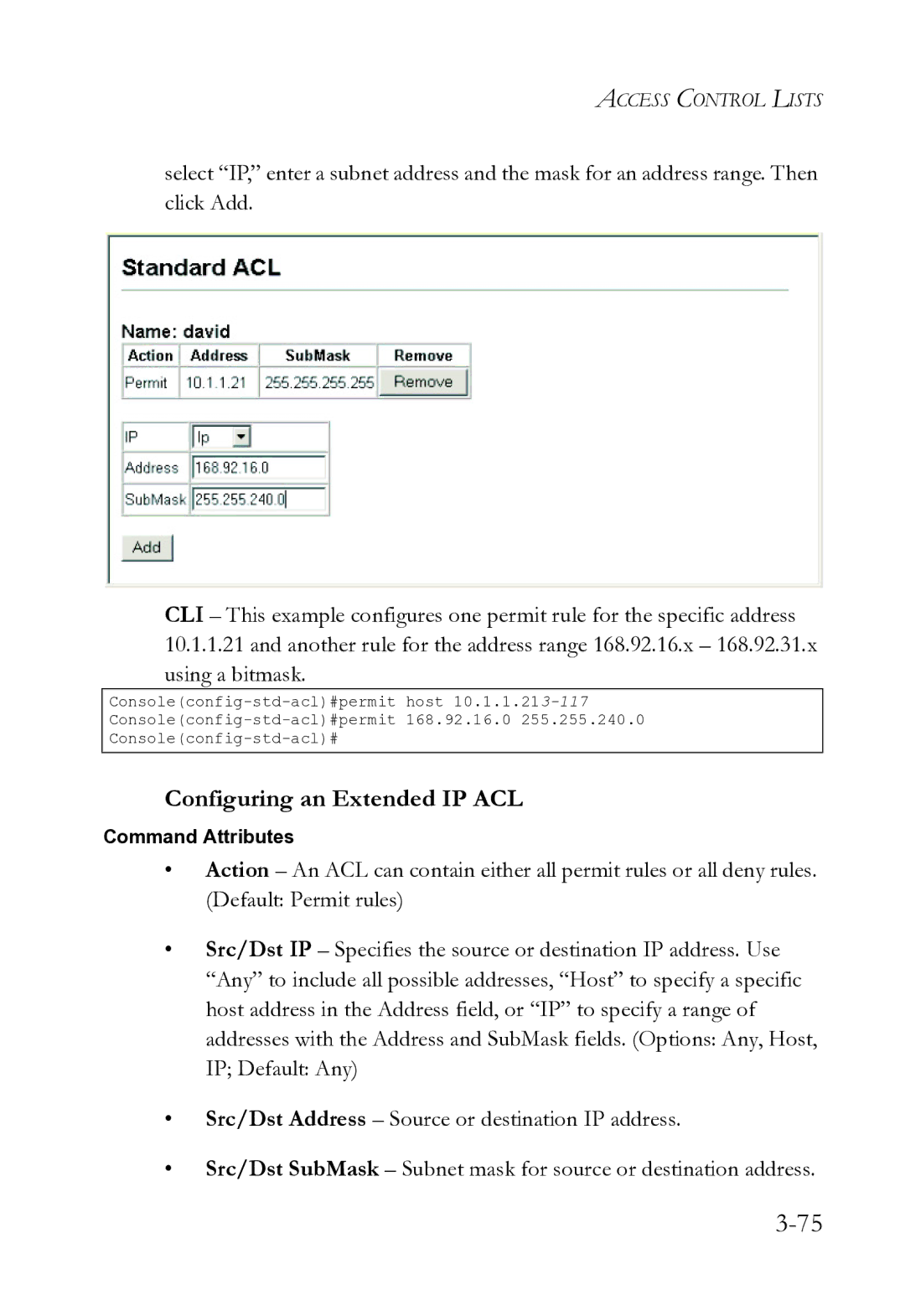 SMC Networks SMC8612XL3 F 1.0.1.3 manual Configuring an Extended IP ACL 