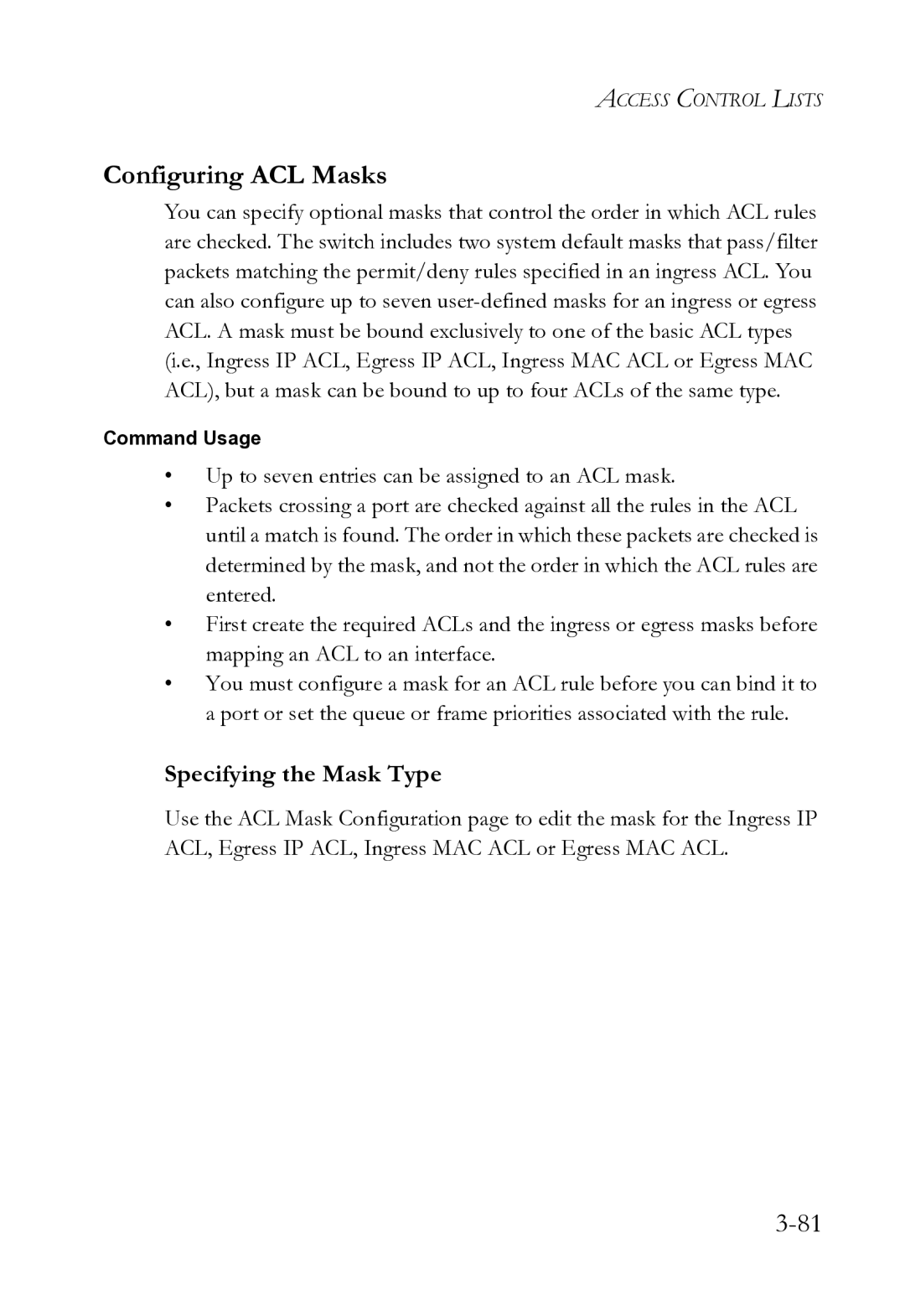 SMC Networks SMC8612XL3 F 1.0.1.3 manual Configuring ACL Masks, Specifying the Mask Type 