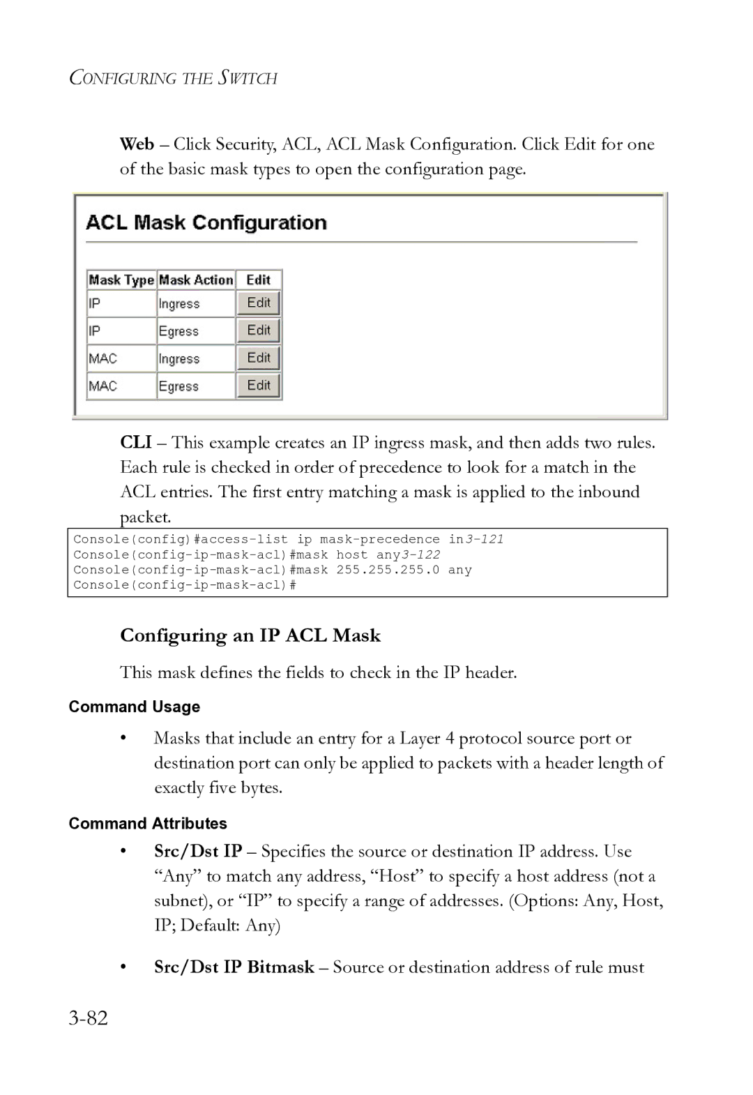 SMC Networks SMC8612XL3 F 1.0.1.3 manual Configuring an IP ACL Mask, This mask defines the fields to check in the IP header 