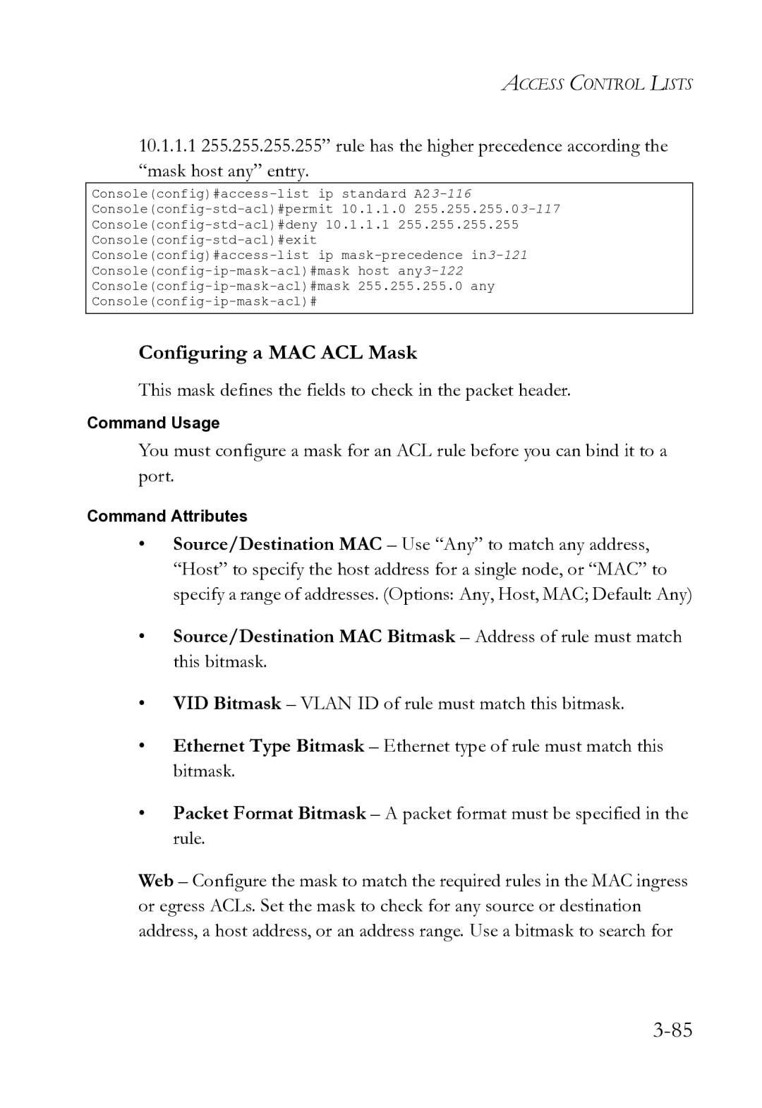 SMC Networks SMC8612XL3 F 1.0.1.3 Configuring a MAC ACL Mask, This mask defines the fields to check in the packet header 