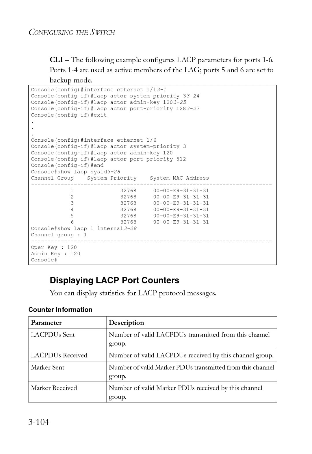 SMC Networks SMC8612XL3 F 1.0.1.3 manual 104, You can display statistics for Lacp protocol messages 