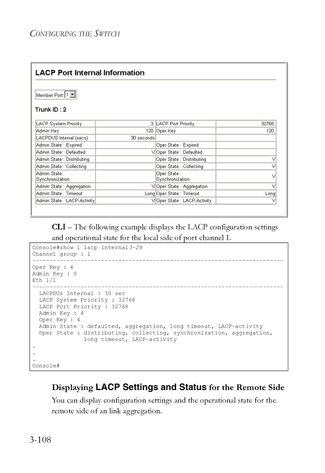 SMC Networks SMC8612XL3 F 1.0.1.3 manual 108, Displaying Lacp Settings and Status for the Remote Side 