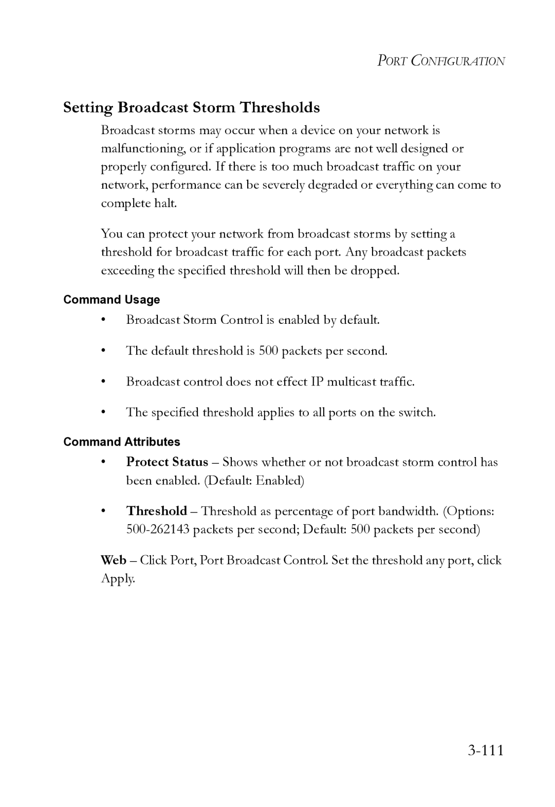 SMC Networks SMC8612XL3 F 1.0.1.3 manual Setting Broadcast Storm Thresholds, 111 