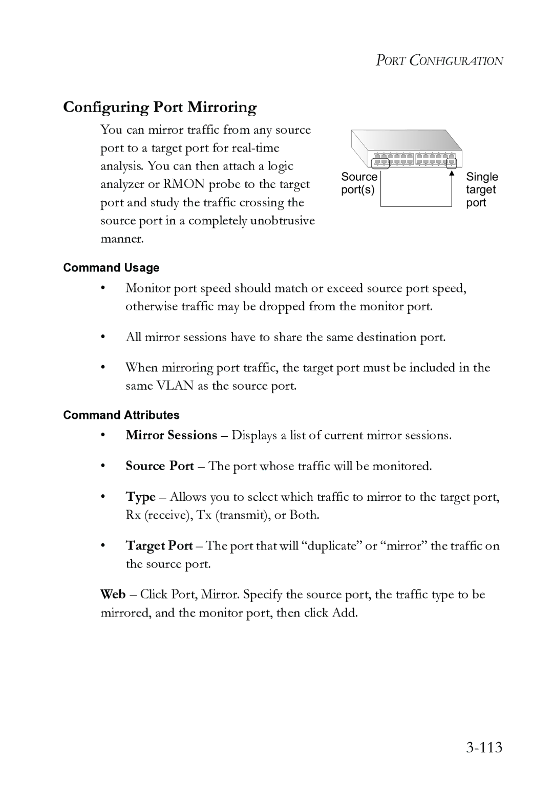 SMC Networks SMC8612XL3 F 1.0.1.3 manual Configuring Port Mirroring, 113 