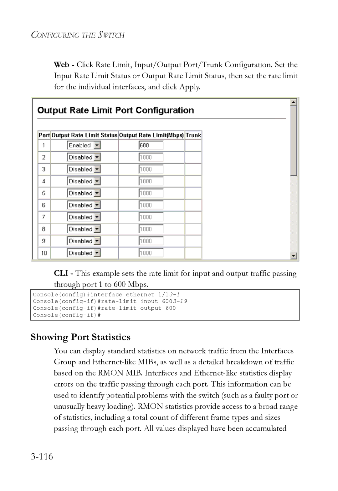 SMC Networks SMC8612XL3 F 1.0.1.3 manual Showing Port Statistics, 116 