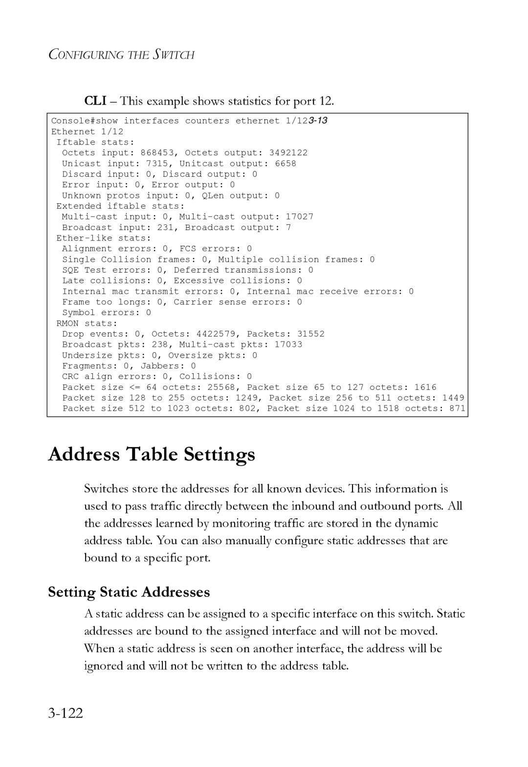 SMC Networks SMC8612XL3 F 1.0.1.3 manual Address Table Settings, Setting Static Addresses, 122 