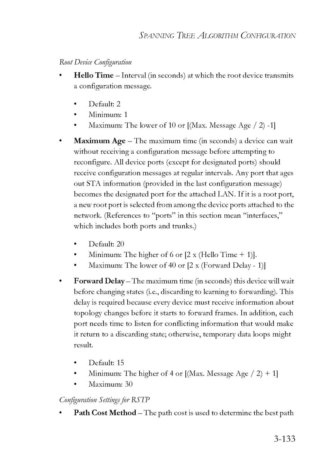 SMC Networks SMC8612XL3 F 1.0.1.3 manual 133, Root Device Configuration, Configuration Settings for Rstp 