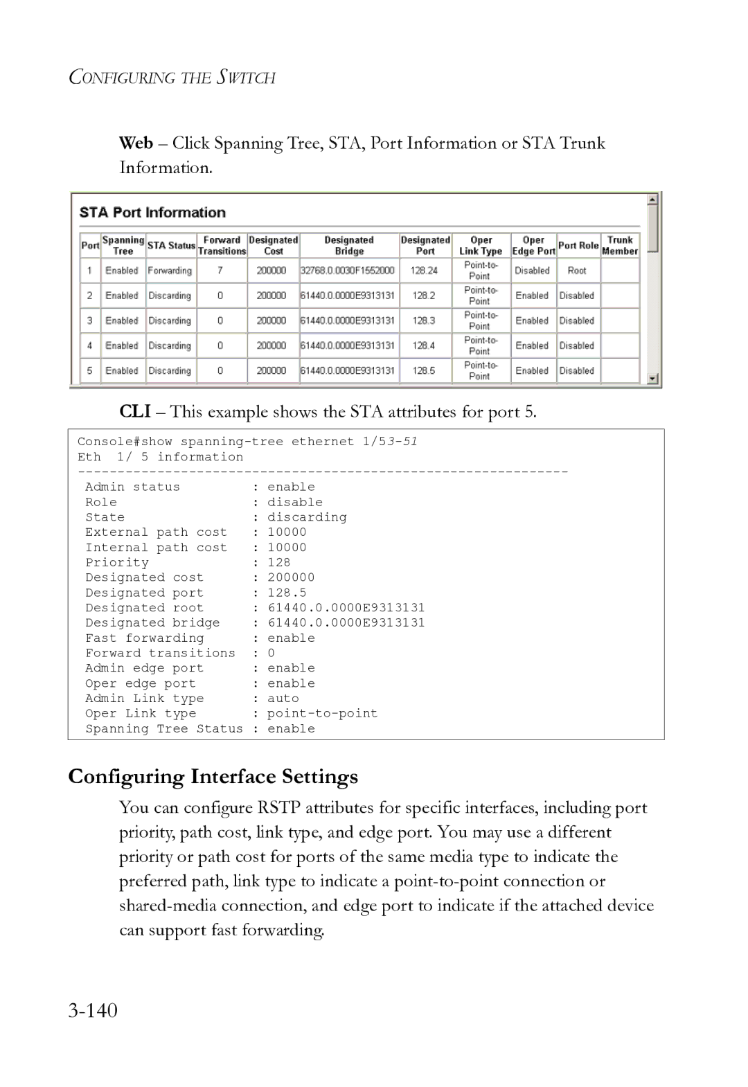 SMC Networks SMC8612XL3 F 1.0.1.3 manual Configuring Interface Settings, 140 