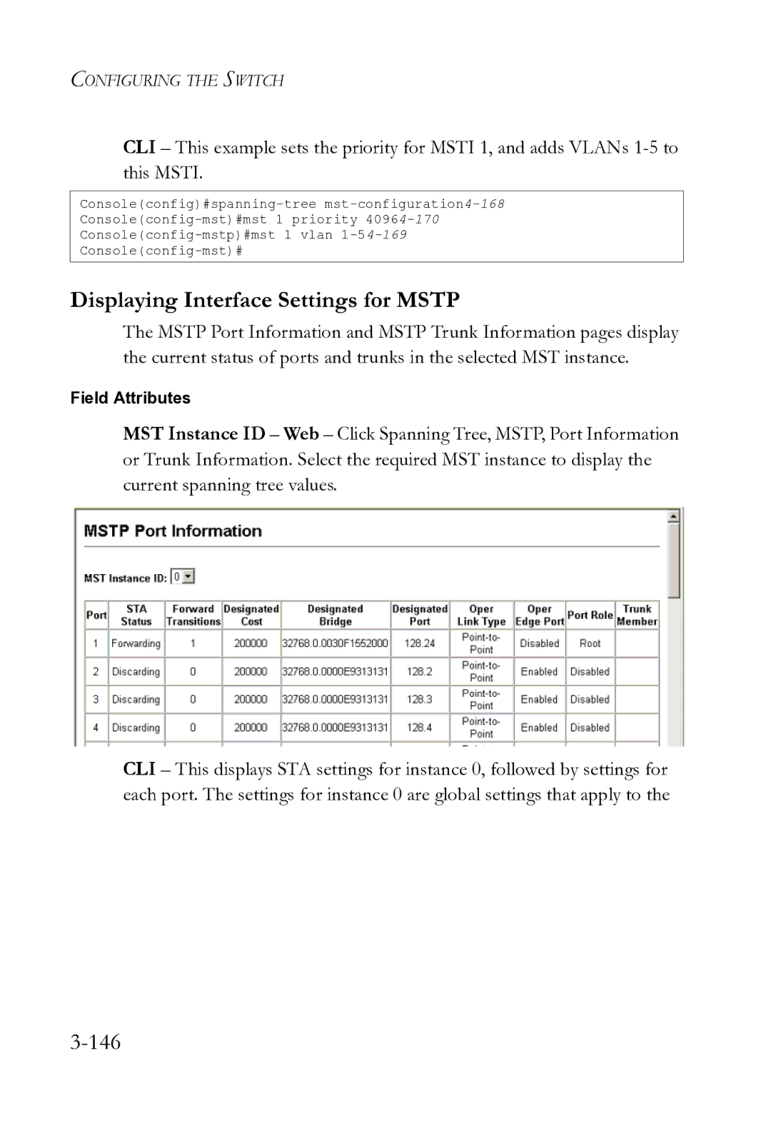 SMC Networks SMC8612XL3 F 1.0.1.3 manual Displaying Interface Settings for Mstp, 146 