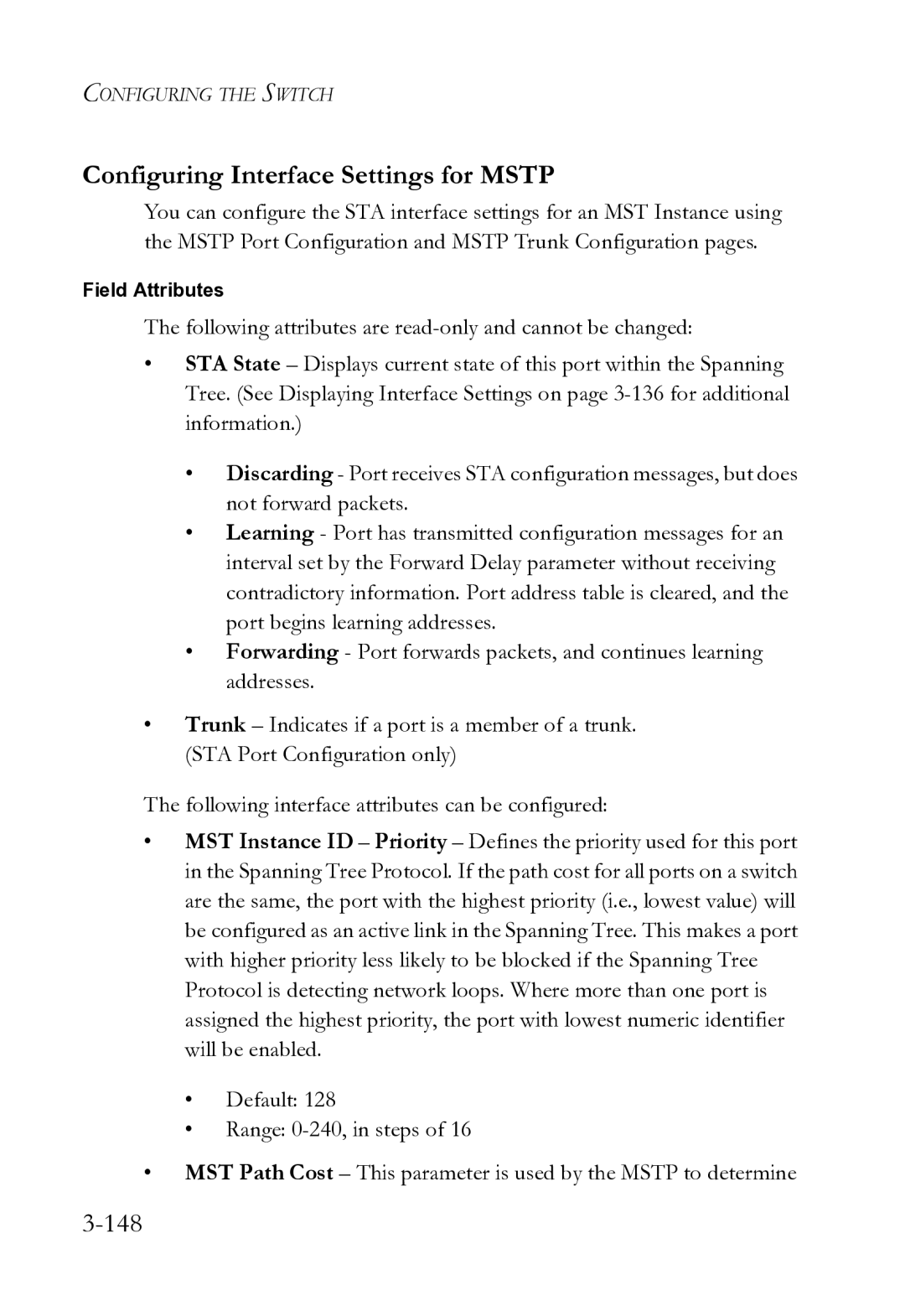 SMC Networks SMC8612XL3 F 1.0.1.3 manual Configuring Interface Settings for Mstp, 148 