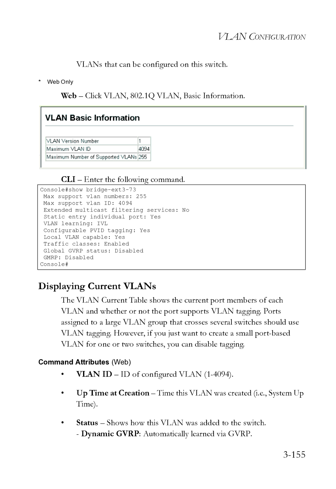 SMC Networks SMC8612XL3 F 1.0.1.3 manual Displaying Current VLANs, 155, VLANs that can be configured on this switch 