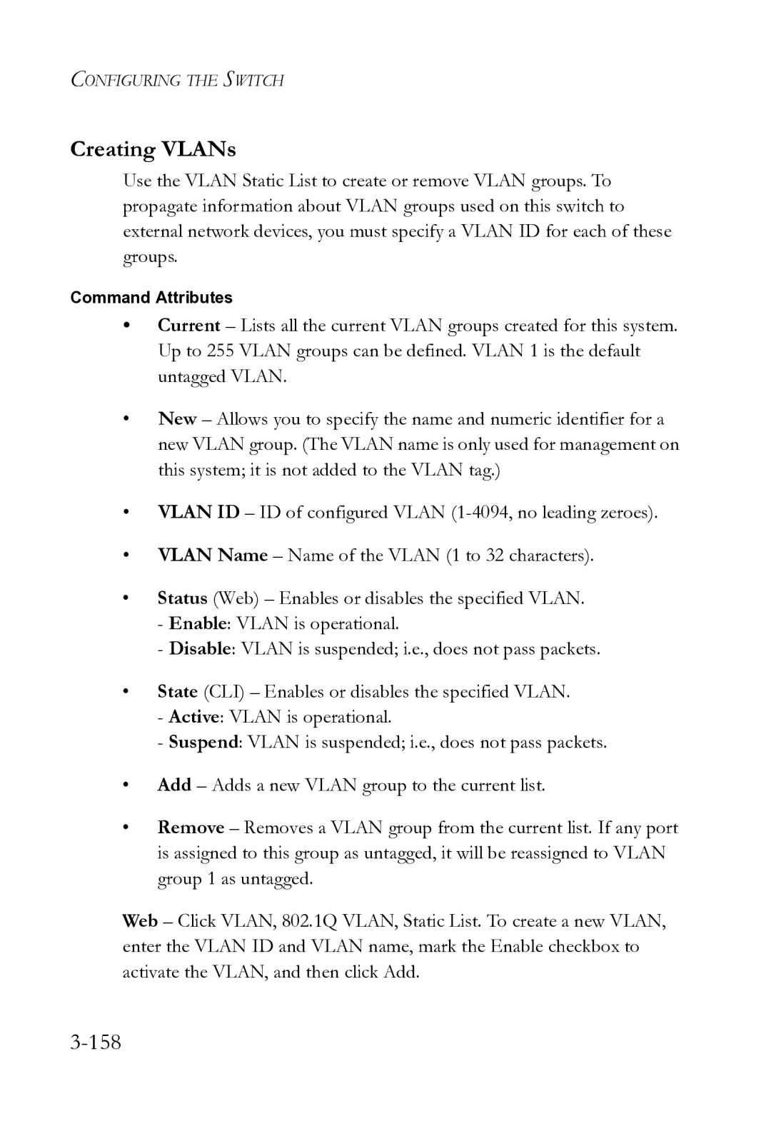 SMC Networks SMC8612XL3 F 1.0.1.3 manual Creating VLANs, 158 