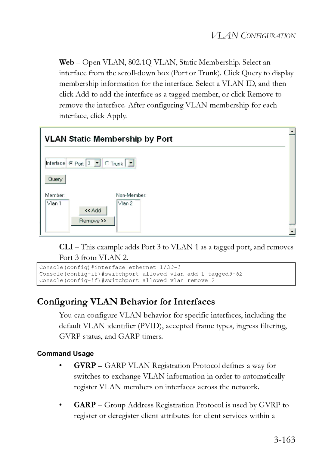 SMC Networks SMC8612XL3 F 1.0.1.3 manual Configuring Vlan Behavior for Interfaces, 163 