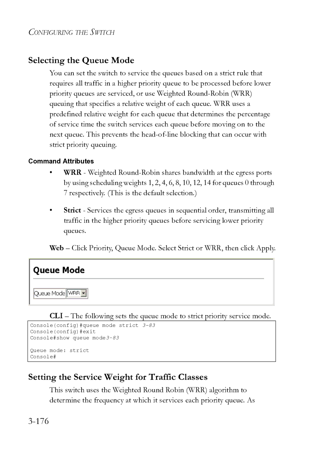 SMC Networks SMC8612XL3 F 1.0.1.3 manual Selecting the Queue Mode, Setting the Service Weight for Traffic Classes, 176 