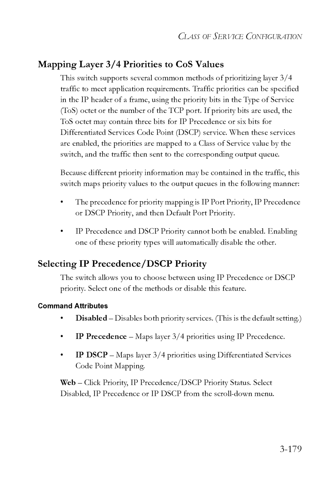 SMC Networks SMC8612XL3 F 1.0.1.3 Mapping Layer 3/4 Priorities to CoS Values, Selecting IP Precedence/DSCP Priority, 179 