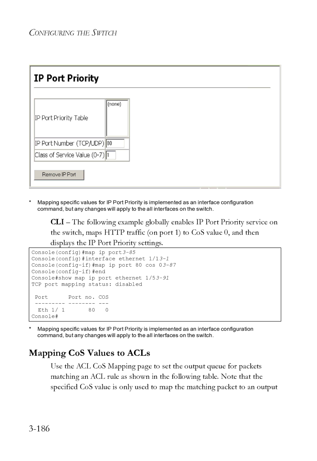 SMC Networks SMC8612XL3 F 1.0.1.3 manual Mapping CoS Values to ACLs, 186 