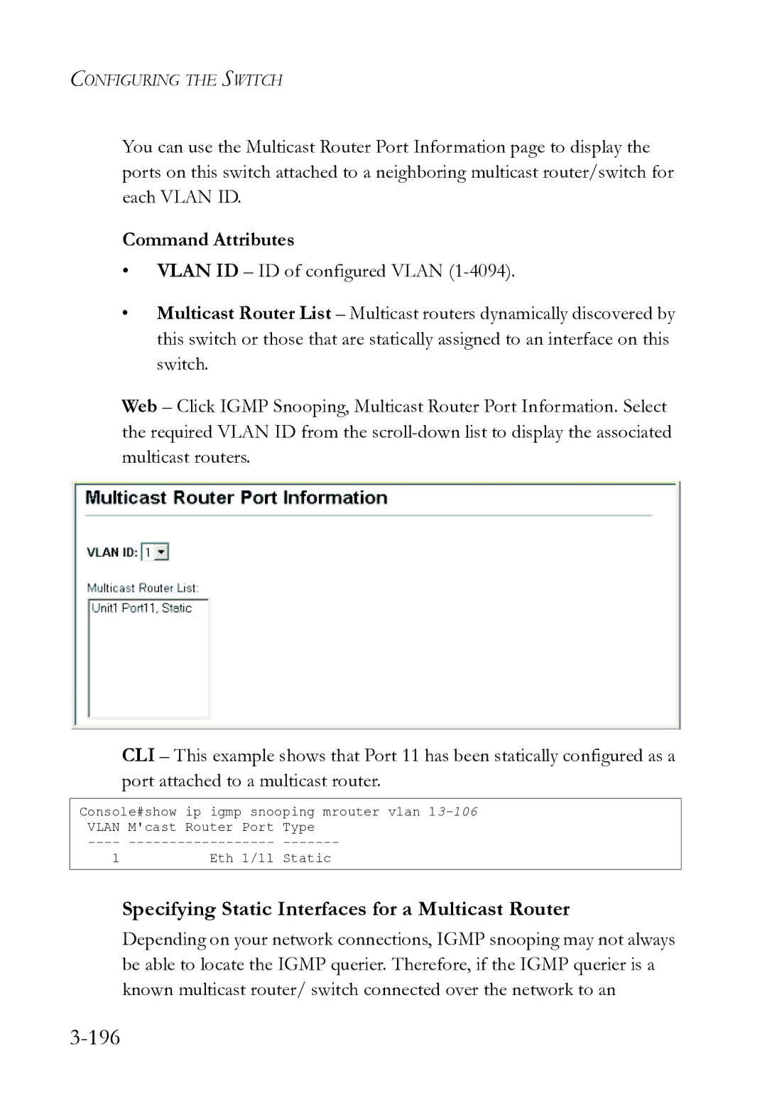 SMC Networks SMC8612XL3 F 1.0.1.3 manual 196, Specifying Static Interfaces for a Multicast Router 