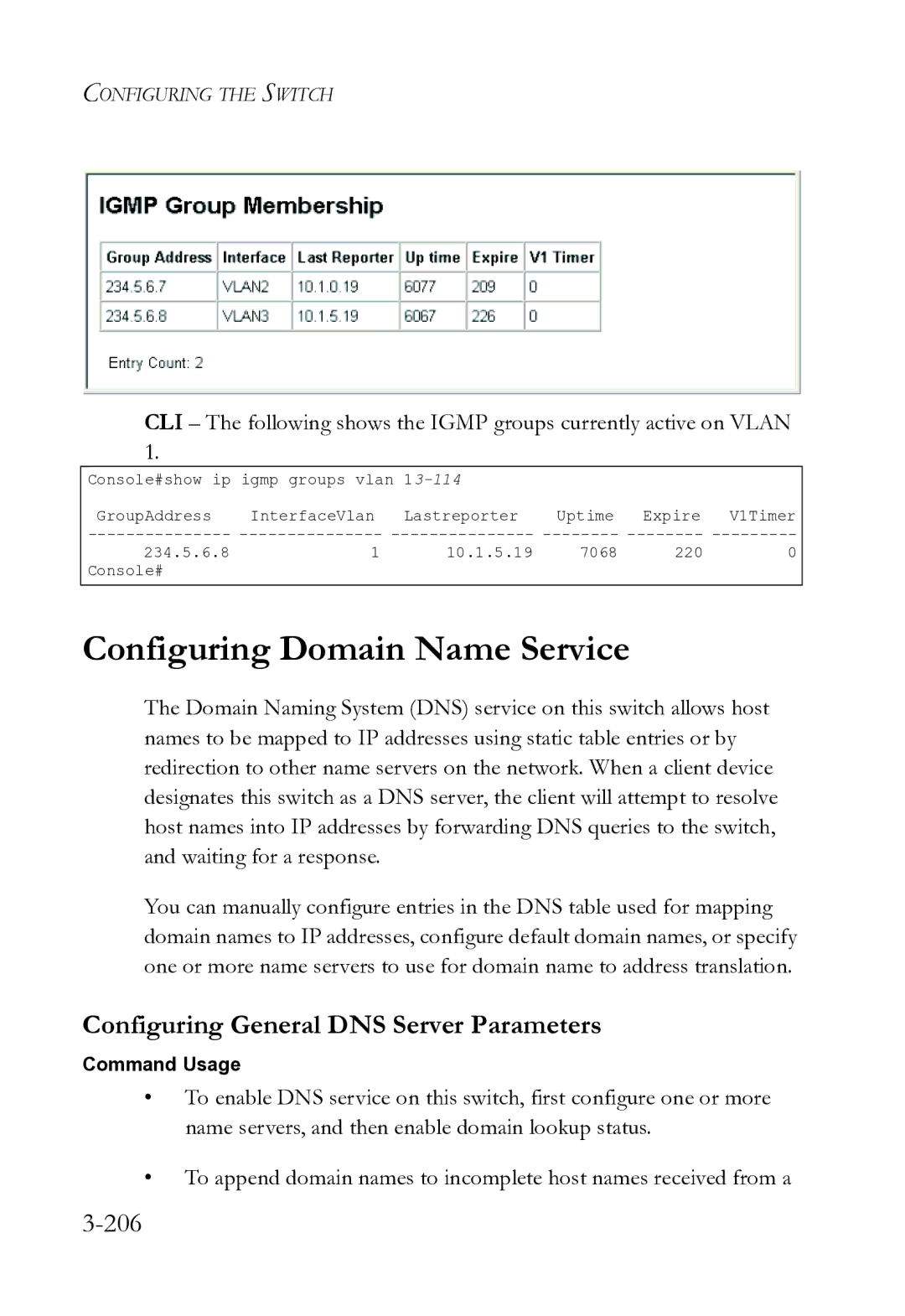 SMC Networks SMC8612XL3 F 1.0.1.3 manual Configuring Domain Name Service, Configuring General DNS Server Parameters, 206 