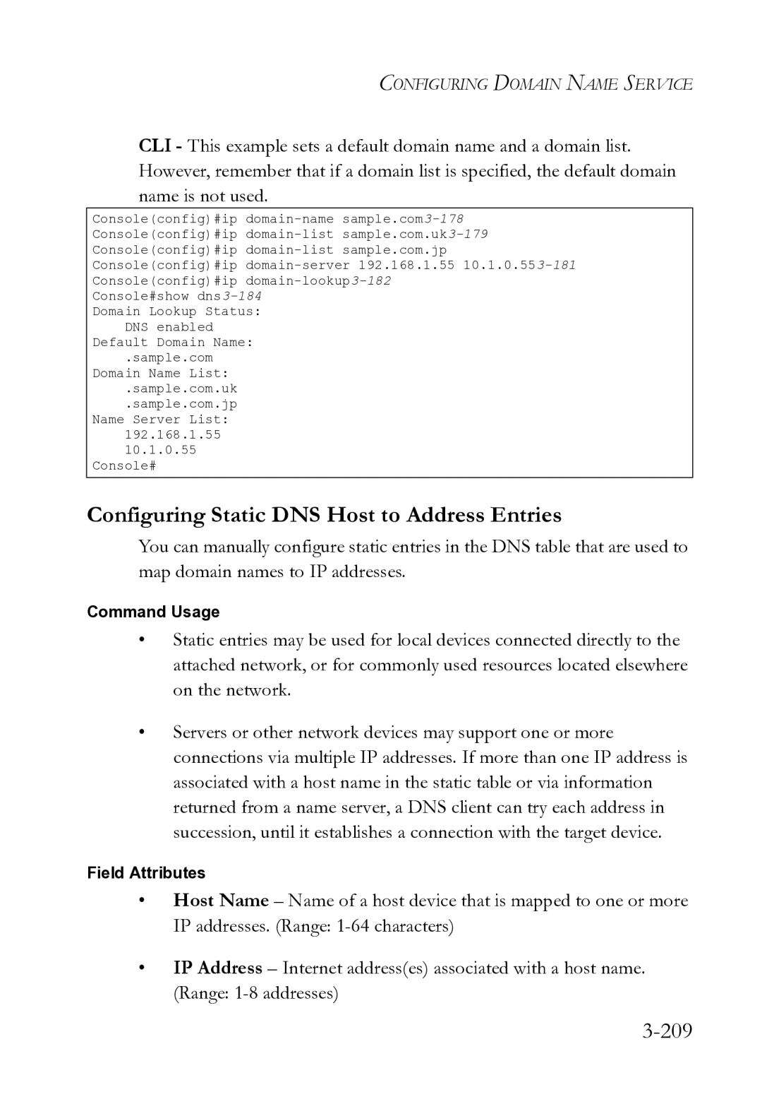 SMC Networks SMC8612XL3 F 1.0.1.3 manual Configuring Static DNS Host to Address Entries, 209 