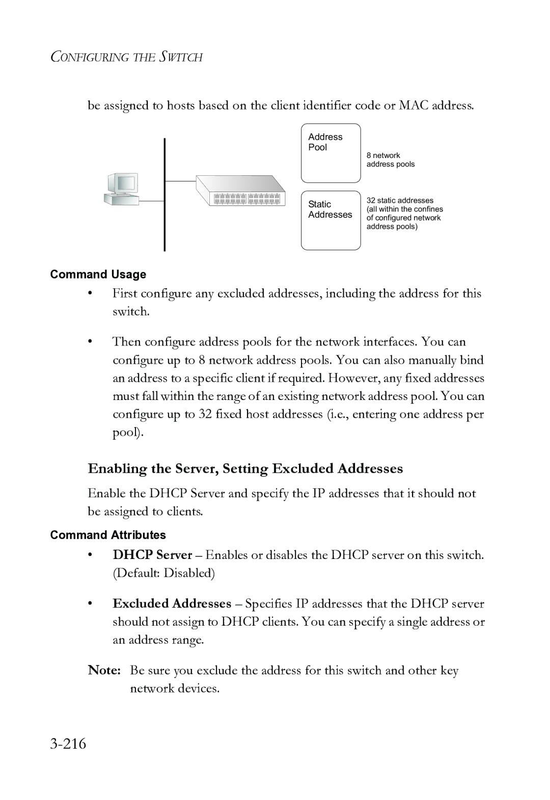 SMC Networks SMC8612XL3 F 1.0.1.3 manual 216, Enabling the Server, Setting Excluded Addresses 