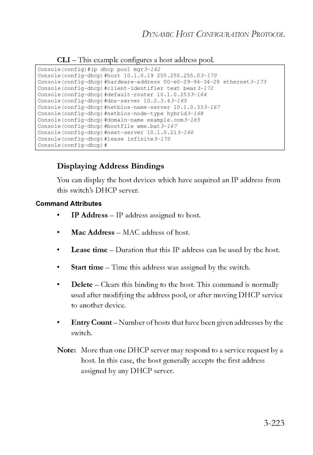 SMC Networks SMC8612XL3 F 1.0.1.3 manual 223, Displaying Address Bindings, CLI This example configures a host address pool 