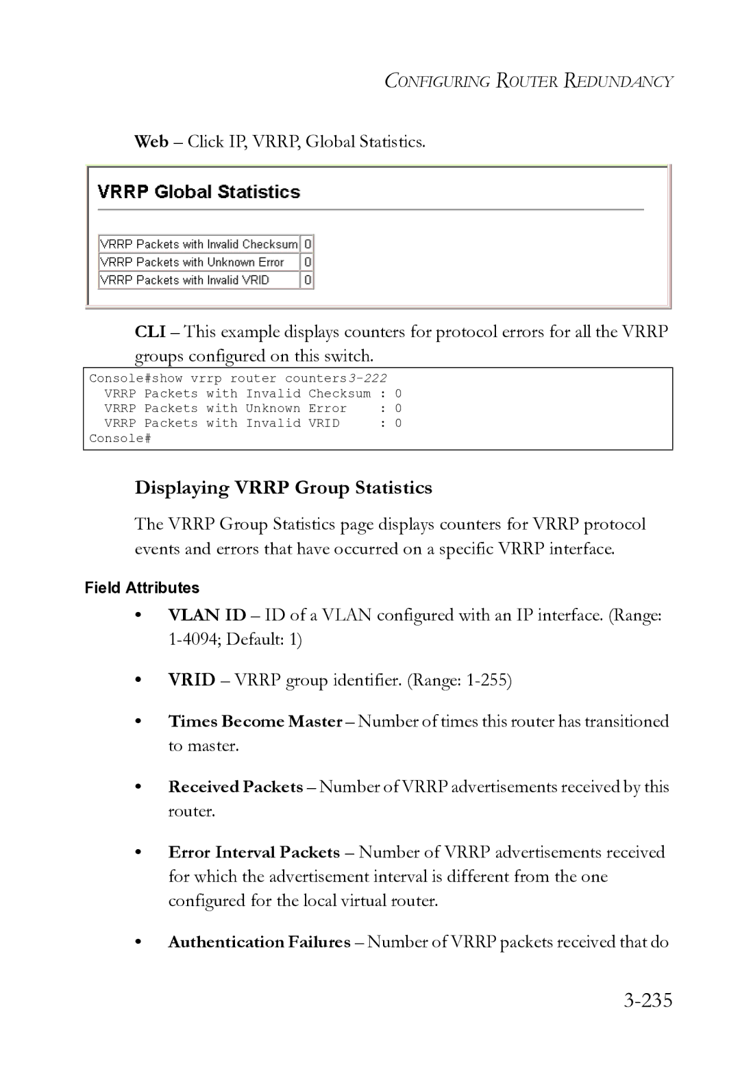 SMC Networks SMC8612XL3 F 1.0.1.3 manual 235, Displaying Vrrp Group Statistics 