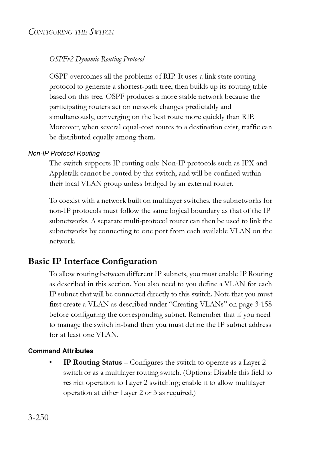 SMC Networks SMC8612XL3 F 1.0.1.3 manual Basic IP Interface Configuration, 250, OSPFv2 Dynamic Routing Protocol 