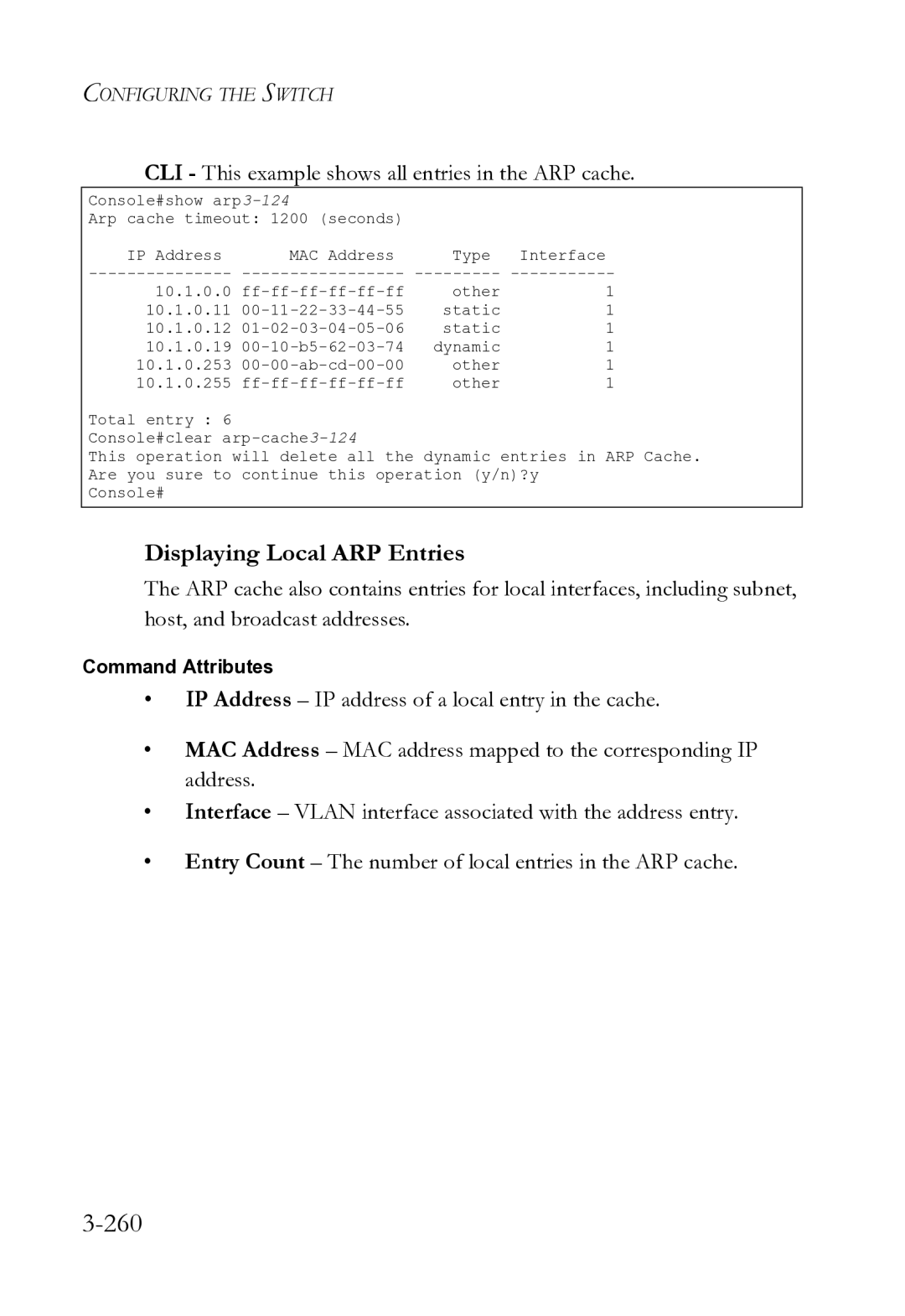 SMC Networks SMC8612XL3 F 1.0.1.3 260, Displaying Local ARP Entries, CLI This example shows all entries in the ARP cache 