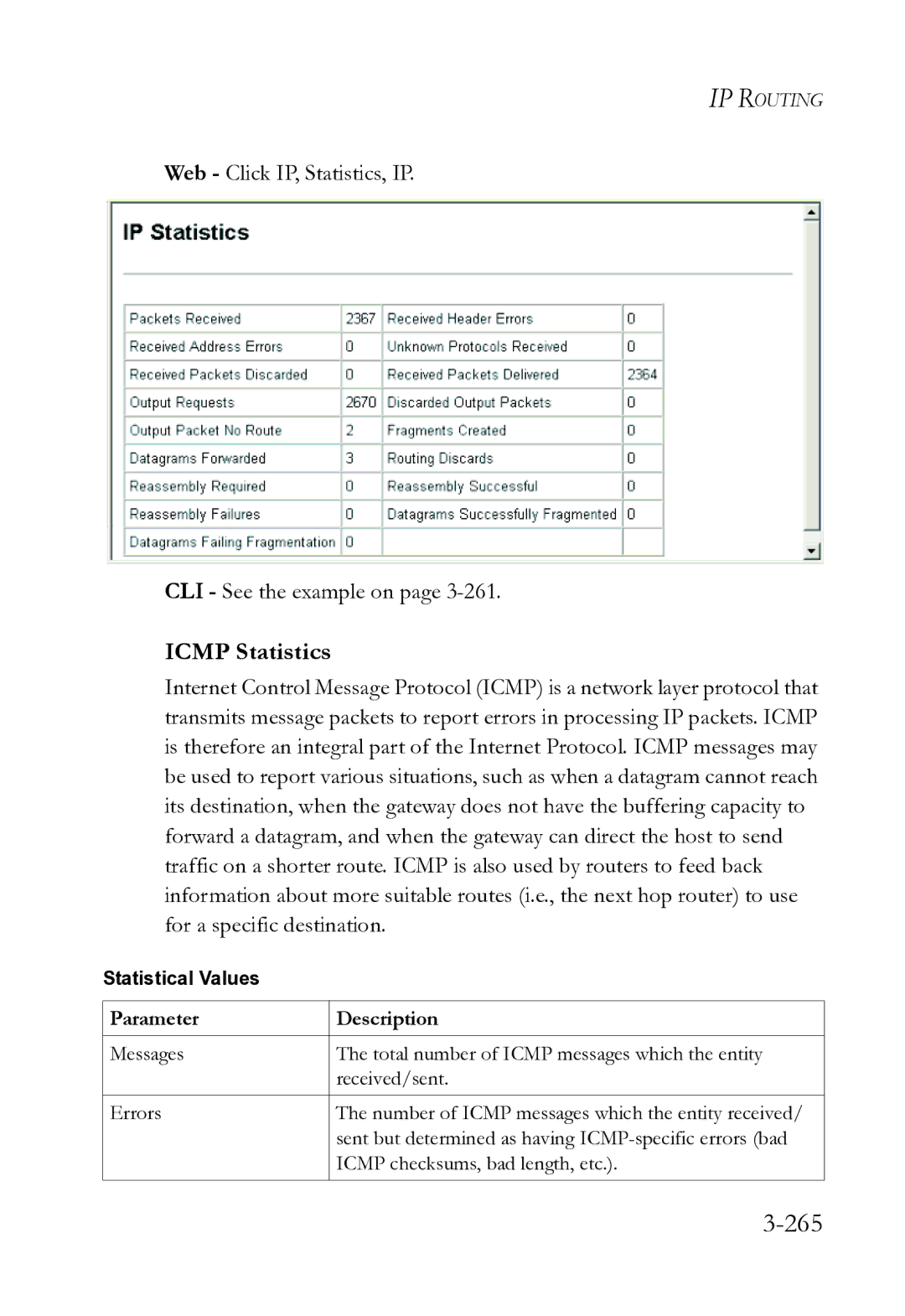 SMC Networks SMC8612XL3 F 1.0.1.3 manual 265, Icmp Statistics, Web Click IP, Statistics, IP CLI See the example on 