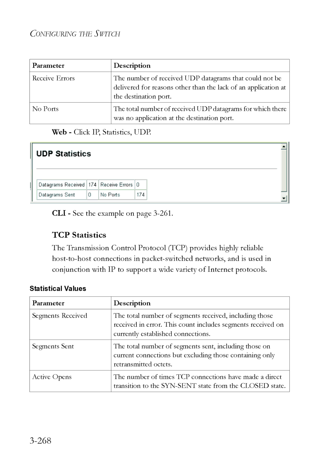 SMC Networks SMC8612XL3 F 1.0.1.3 manual 268, TCP Statistics, Web Click IP, Statistics, UDP CLI See the example on 