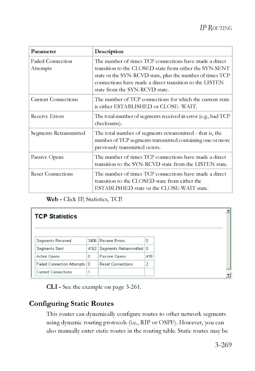 SMC Networks SMC8612XL3 F 1.0.1.3 Configuring Static Routes, 269, Web Click IP, Statistics, TCP CLI See the example on 