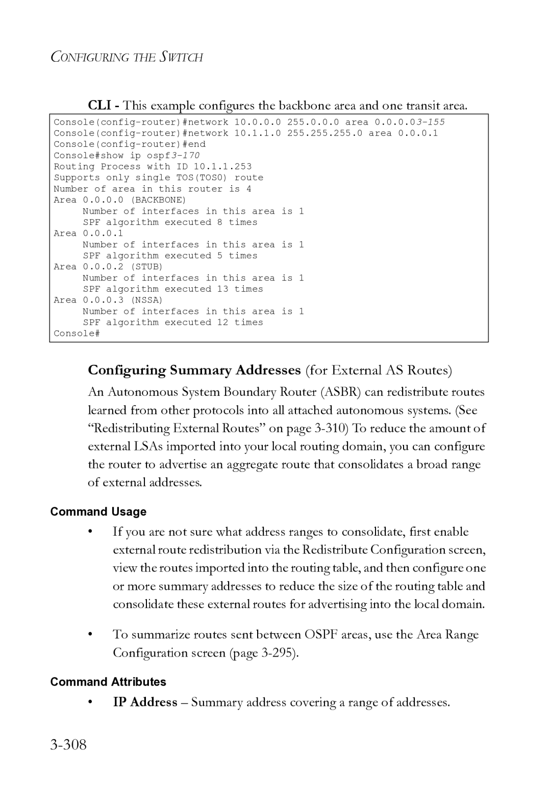 SMC Networks SMC8612XL3 F 1.0.1.3 manual 308, Configuring Summary Addresses for External AS Routes 