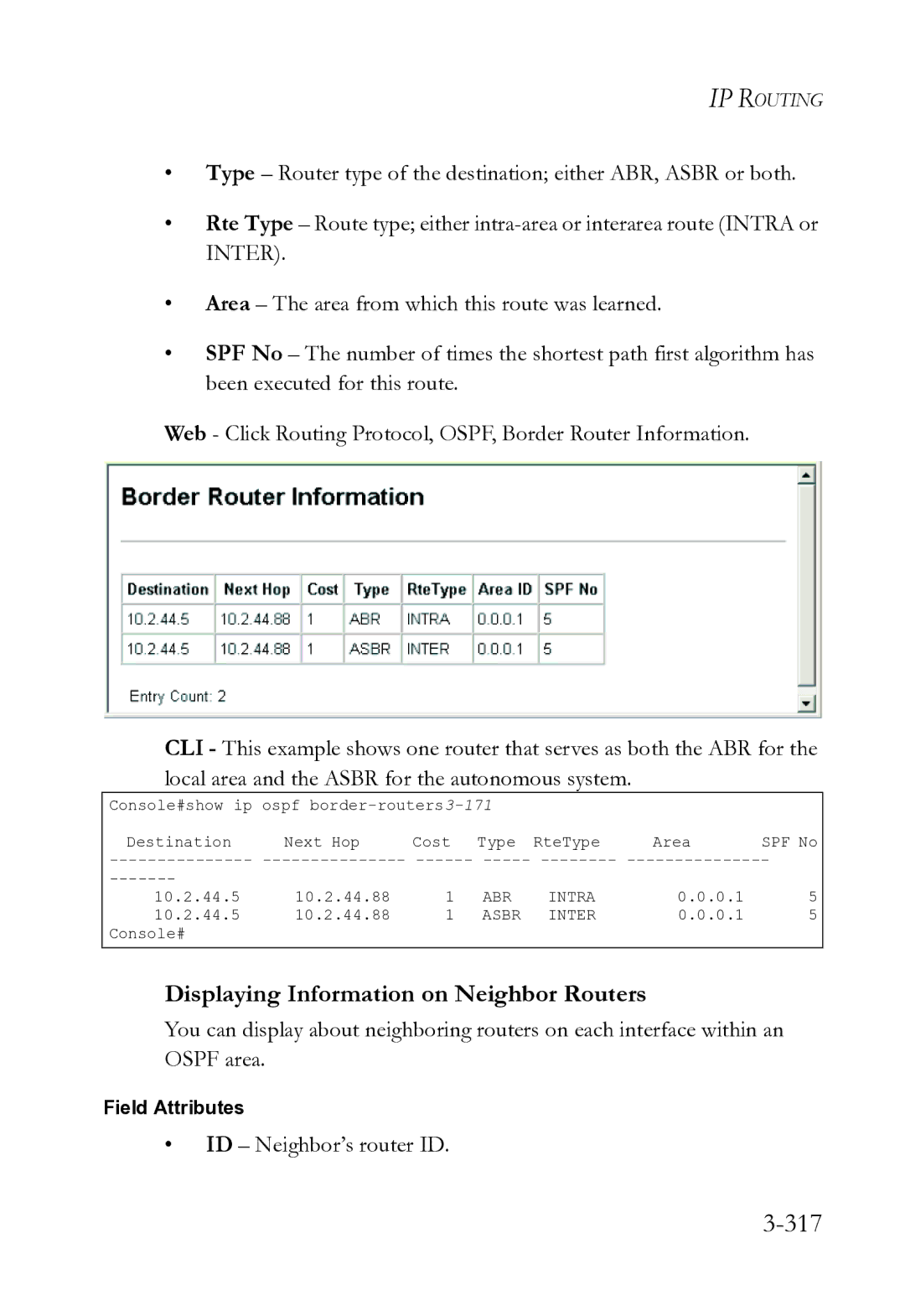 SMC Networks SMC8612XL3 F 1.0.1.3 manual 317, Displaying Information on Neighbor Routers, ID Neighbor’s router ID 