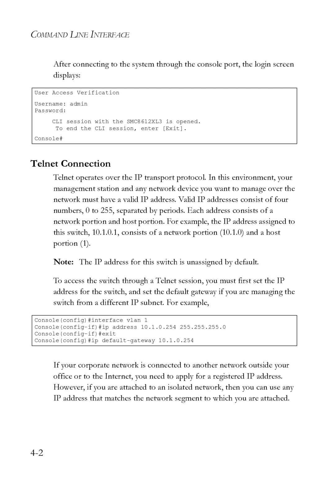 SMC Networks SMC8612XL3 F 1.0.1.3 manual Telnet Connection 