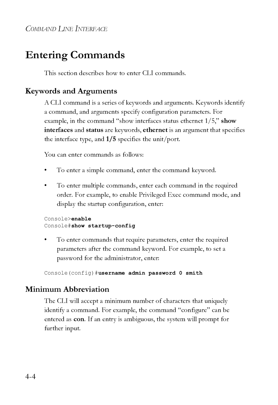 SMC Networks SMC8612XL3 F 1.0.1.3 manual Entering Commands, Keywords and Arguments, Minimum Abbreviation 