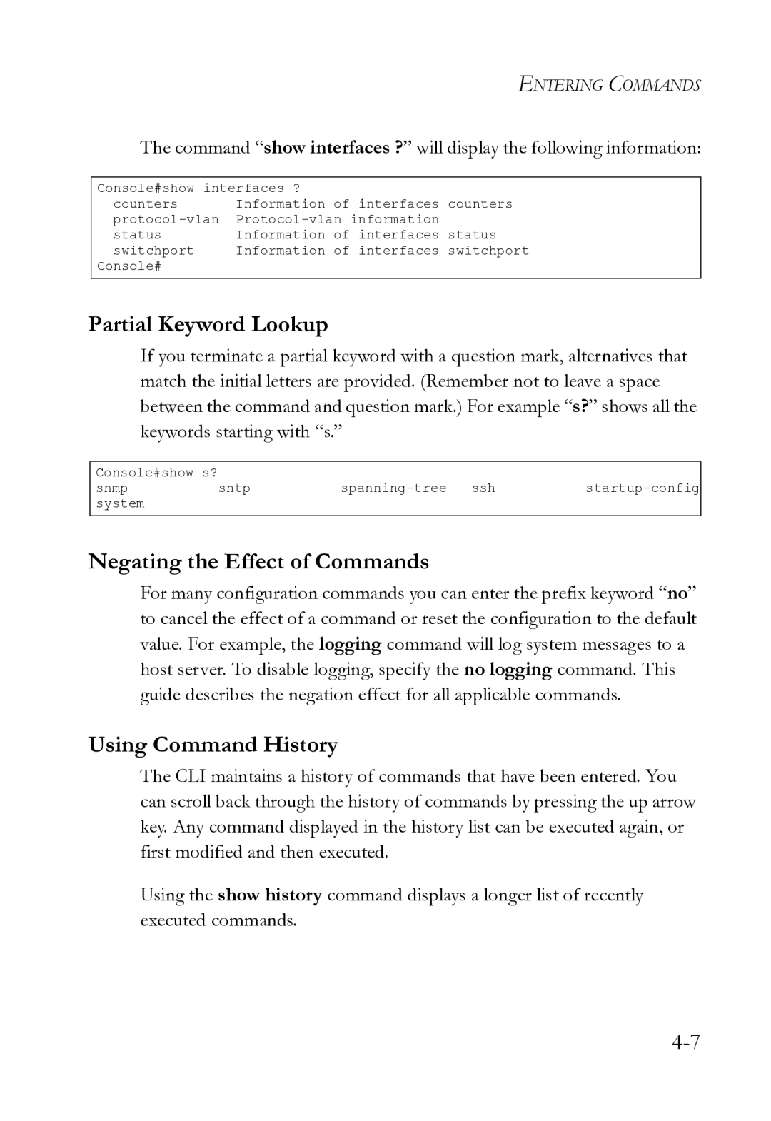 SMC Networks SMC8612XL3 F 1.0.1.3 manual Partial Keyword Lookup, Negating the Effect of Commands, Using Command History 