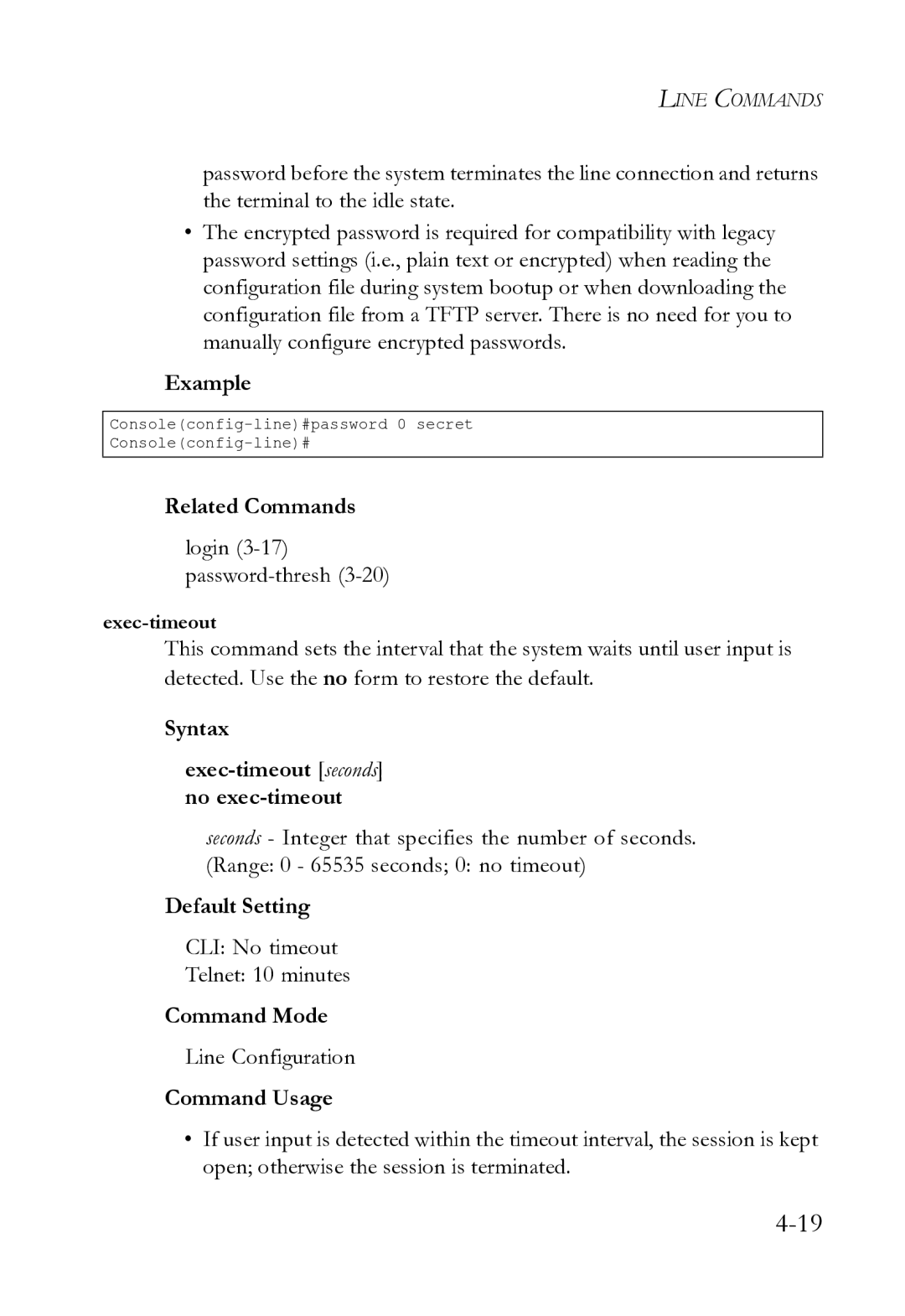 SMC Networks SMC8612XL3 F 1.0.1.3 manual Login 3-17password-thresh3-20, Syntax Exec-timeout seconds no exec-timeout 