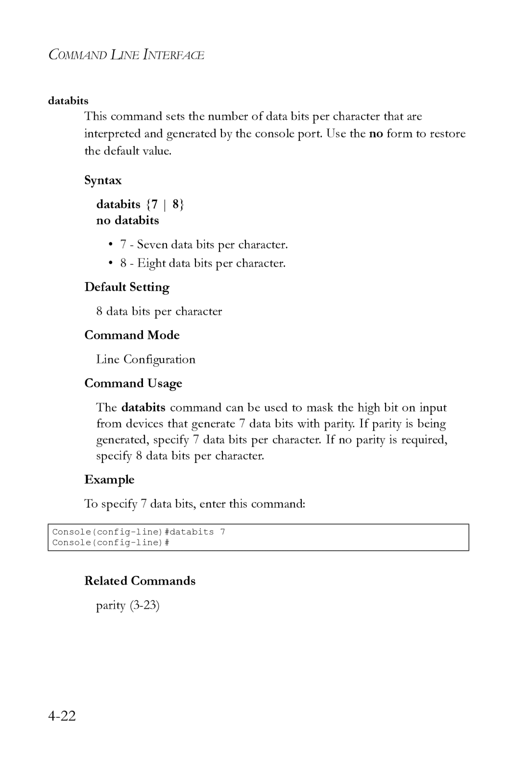 SMC Networks SMC8612XL3 F 1.0.1.3 manual Syntax Databits 7 8 no databits, Data bits per character 